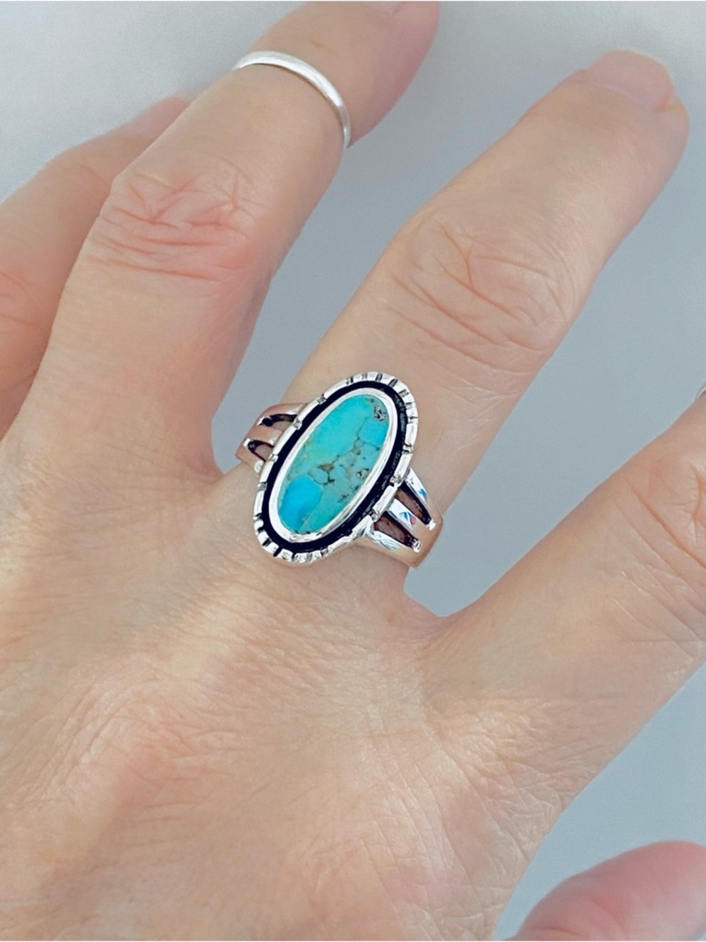 Sterling Silver Oval Genuine Turquoise Ring, Statement Rings, Stone Jewelry - Picture 11 of 14